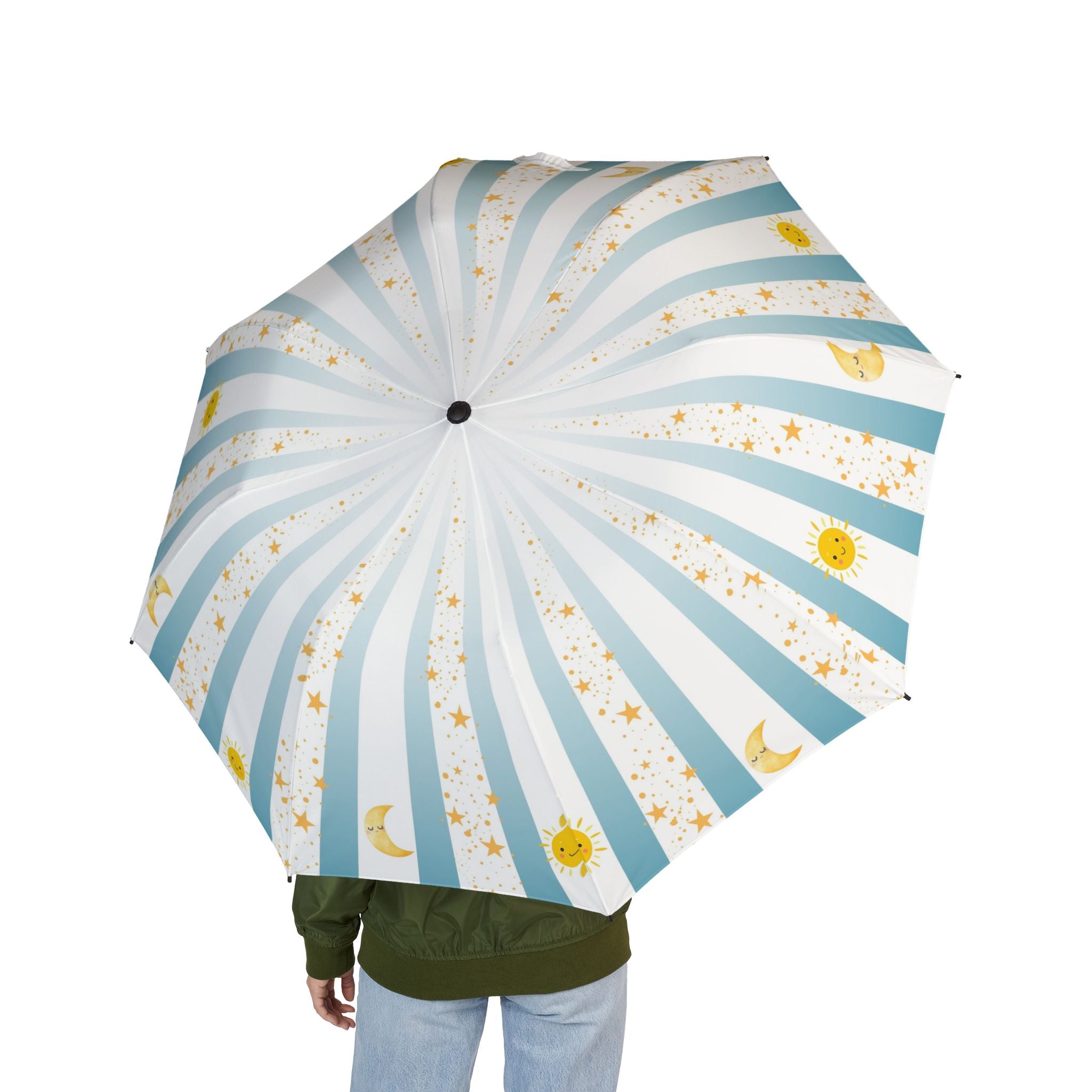 Sunny Blue Striped Umbrella, Cute Travel Umbrella, Foldable Sun and Moon Print, Portable Beach Umbrella, Spring Gift Idea