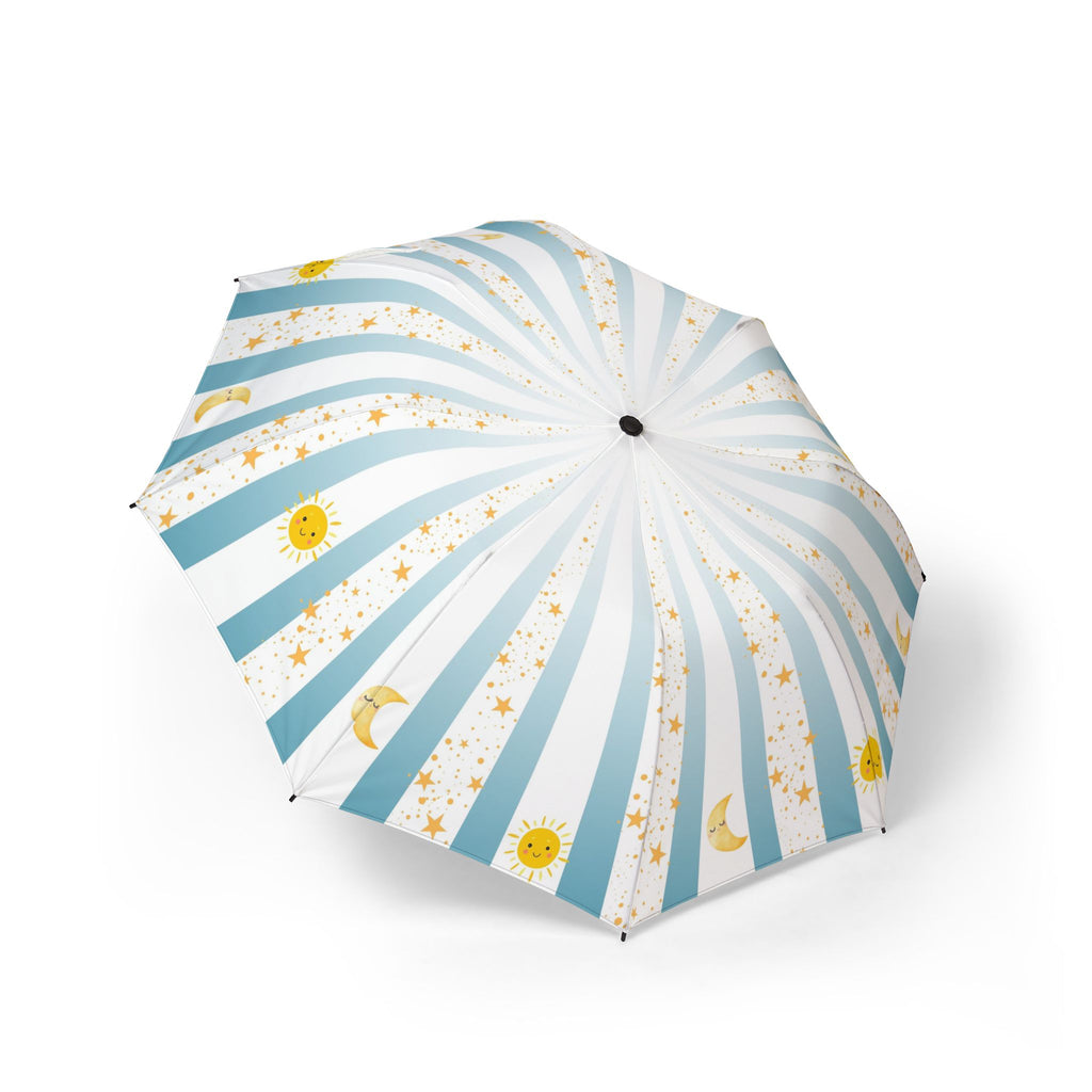 Sunny Blue Striped Umbrella, Cute Travel Umbrella, Foldable Sun and Moon Print, Portable Beach Umbrella, Spring Gift Idea