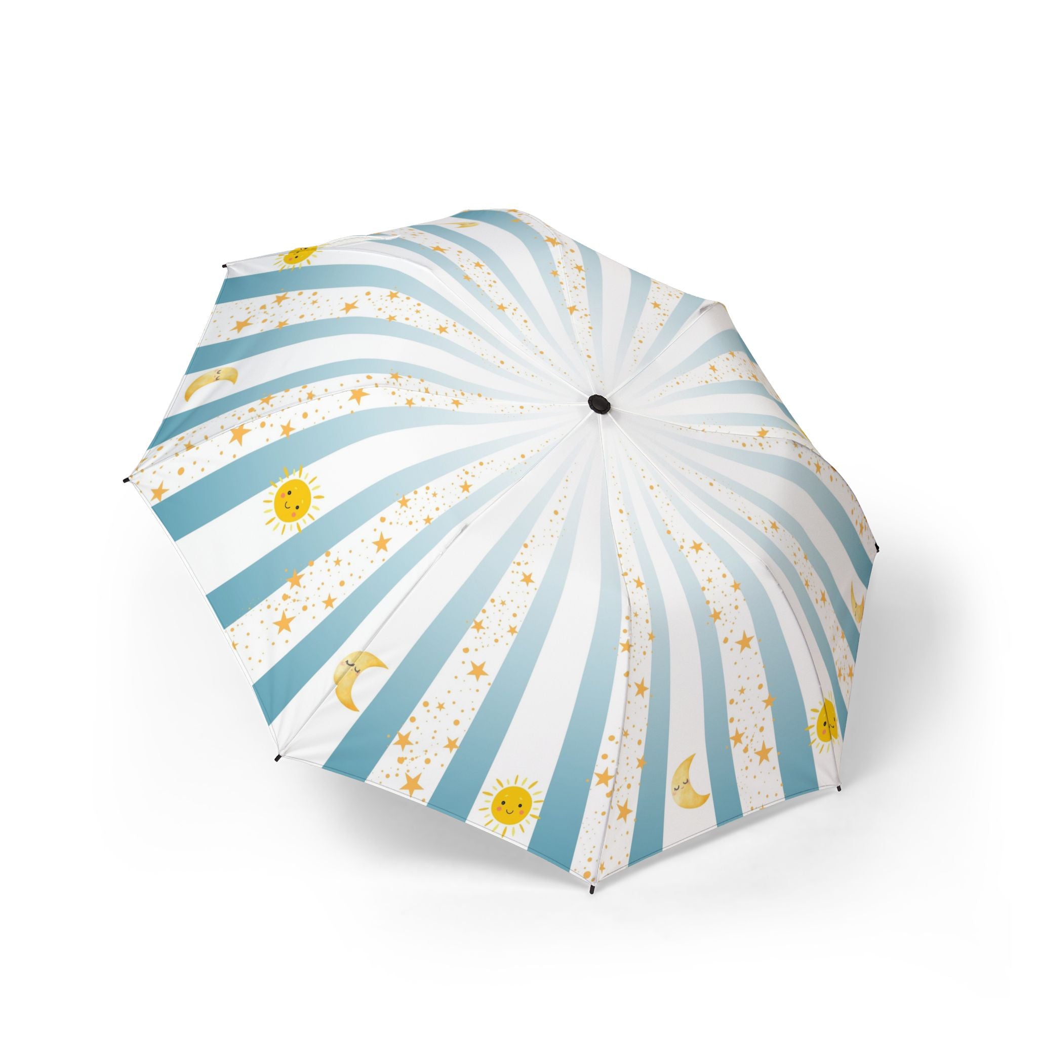 Sunny Blue Striped Umbrella, Cute Travel Umbrella, Foldable Sun and Moon Print, Portable Beach Umbrella, Spring Gift Idea