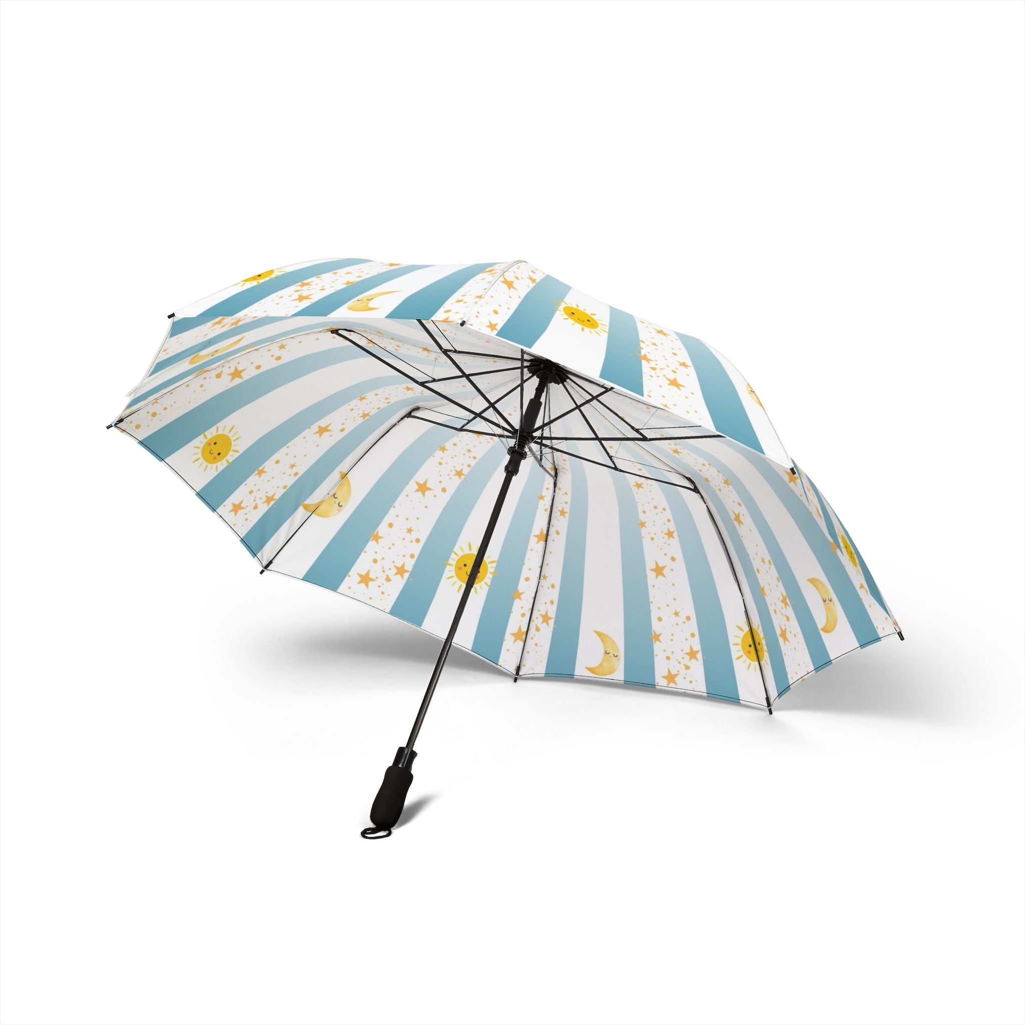 Sunny Blue Striped Umbrella, Cute Travel Umbrella, Foldable Sun and Moon Print, Portable Beach Umbrella, Spring Gift Idea