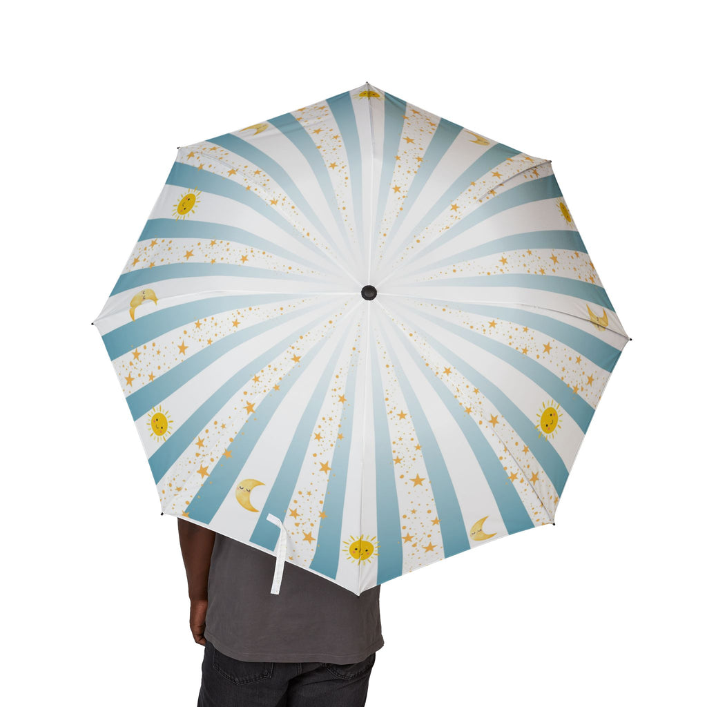 Sunny Blue Striped Umbrella, Cute Travel Umbrella, Foldable Sun and Moon Print, Portable Beach Umbrella, Spring Gift Idea